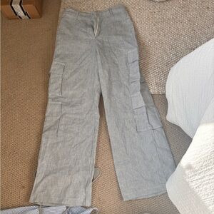 white and dark blue pin stipe, linen, oliviaceous size s cargo pant